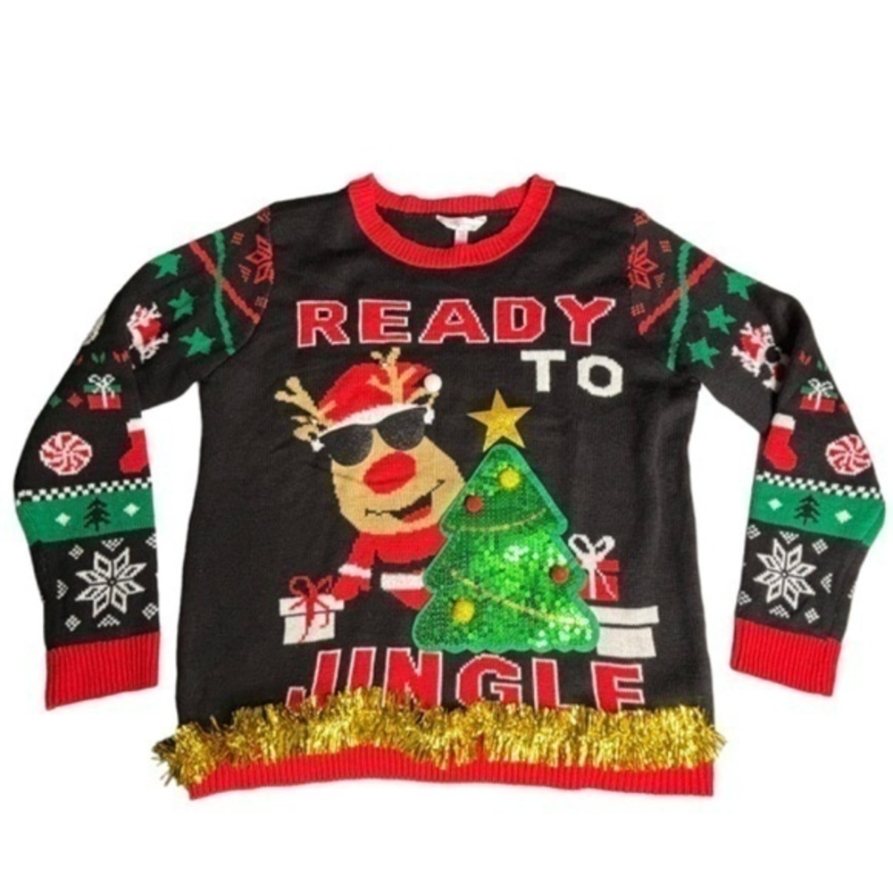 No Boundaries Ugly Christmas Sweater Juniors XXL Ready To Jingle Black Red Green